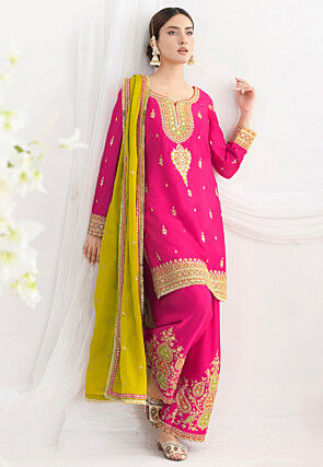 Embroidered Chinon Chiffon Pakistani Suit in Fuchsia