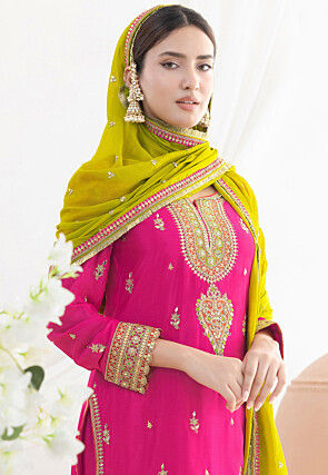 Embroidered Chinon Chiffon Pakistani Suit in Fuchsia