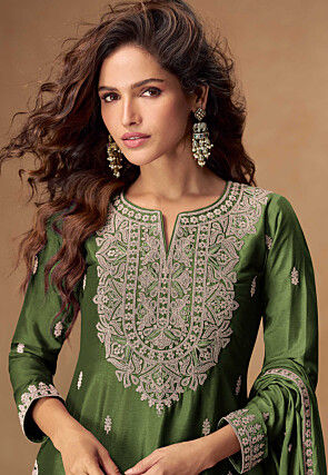 Embroidered Chinon Chiffon Pakistani Suit in Green
