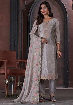 Embroidered Chinon Chiffon Pakistani Suit in Grey