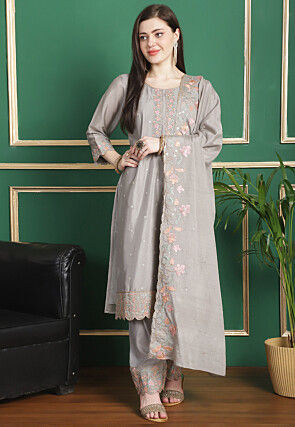 Embroidered Chinon Chiffon Pakistani Suit in Grey