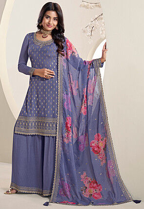Embroidered Chinon Chiffon Pakistani Suit in Indigo Blue