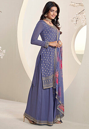 Embroidered Chinon Chiffon Pakistani Suit in Indigo Blue