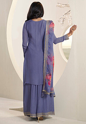 Embroidered Chinon Chiffon Pakistani Suit in Indigo Blue