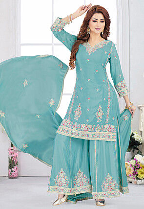 Embroidered Chinon Chiffon Pakistani Suit in Light Blue
