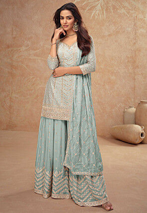 Embroidered Chinon Chiffon Pakistani Suit in Light Blue