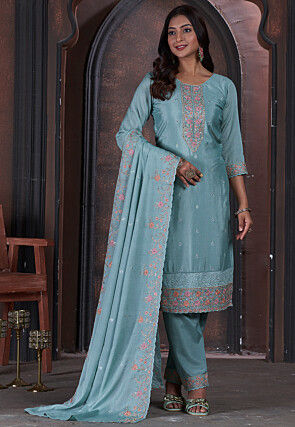 Embroidered Chinon Chiffon Pakistani Suit in Light Blue