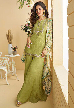 Embroidered Chinon Chiffon Pakistani Suit in Light Green