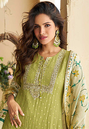 Embroidered Chinon Chiffon Pakistani Suit in Light Green