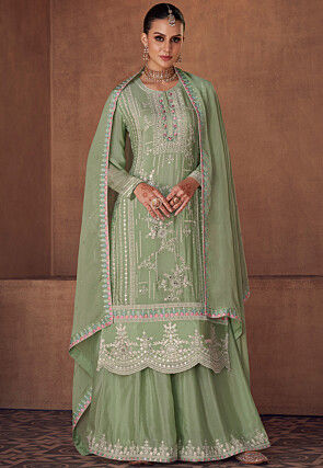 Embroidered Chinon Chiffon Pakistani Suit in Light Olive Green