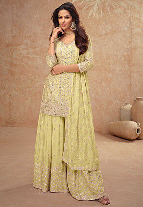 Embroidered Chinon Chiffon Pakistani Suit in Light Yellow