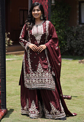 Embroidered Chinon Chiffon Pakistani Suit in Maroon