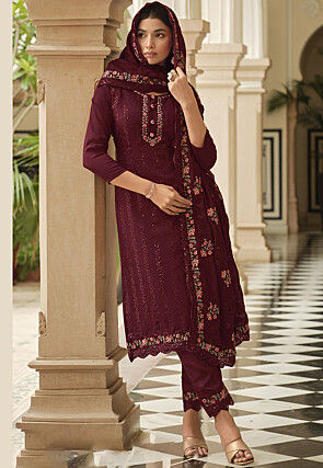 Embroidered Chinon Chiffon Pakistani Suit in Wine