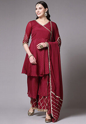 Mukaish Embroidered Georgette Pakistani Suit in Maroon