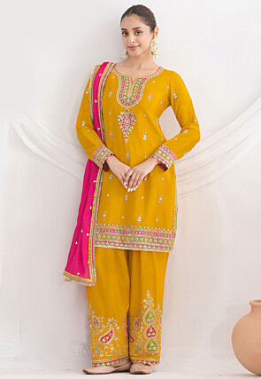 Embroidered Chinon Chiffon Pakistani Suit in Mustard