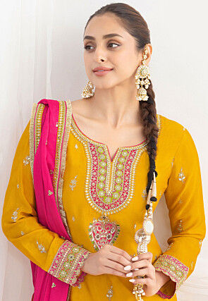 Embroidered Chinon Chiffon Pakistani Suit in Mustard