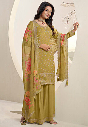 Embroidered Chinon Chiffon Pakistani Suit in Mustard