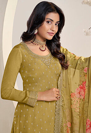 Embroidered Chinon Chiffon Pakistani Suit in Mustard