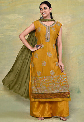 Embroidered Chinon Chiffon Pakistani Suit in Mustard