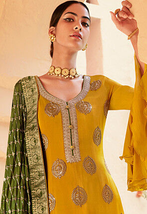 Embroidered Chinon Chiffon Pakistani Suit in Mustard