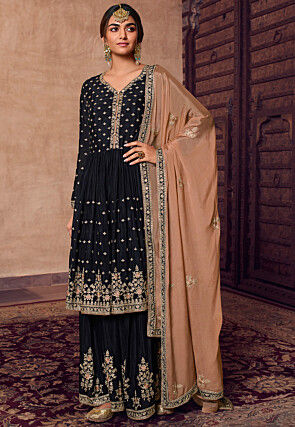 Embroidered Chinon Chiffon Pakistani Suit in Navy Blue