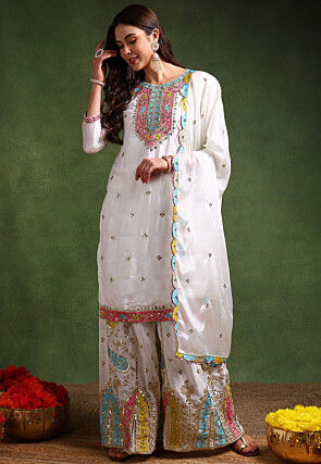 Embroidered Chinon Chiffon Pakistani Suit in Off White