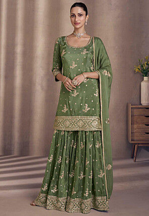 Embroidered Chinon Chiffon Pakistani Suit in Olive Green