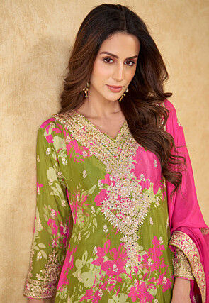 Embroidered Chinon Chiffon Pakistani Suit in Olive Green