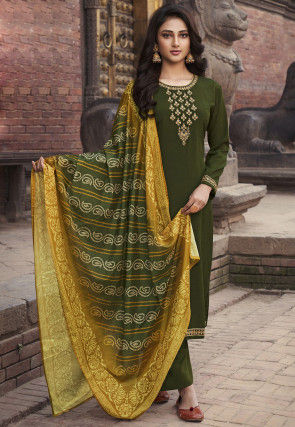 Embroidered Chinon Chiffon Pakistani Suit in Olive Green