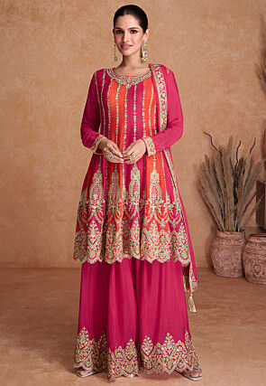 Embroidered Chinon Chiffon Pakistani Suit in Orange and Pink