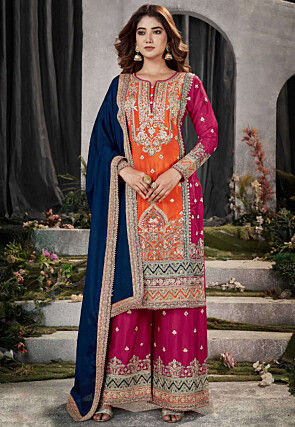 Embroidered Chinon Chiffon Pakistani Suit in Orange and Pink