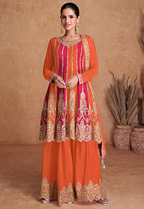 Embroidered Chinon Chiffon Pakistani Suit in Orange and Pink