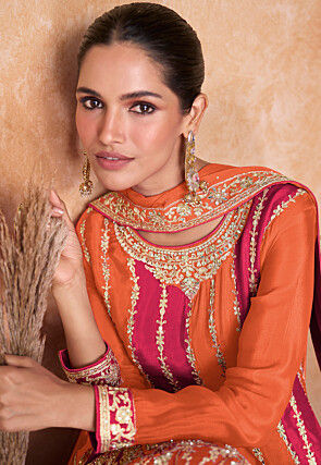 Embroidered Chinon Chiffon Pakistani Suit in Orange and Pink