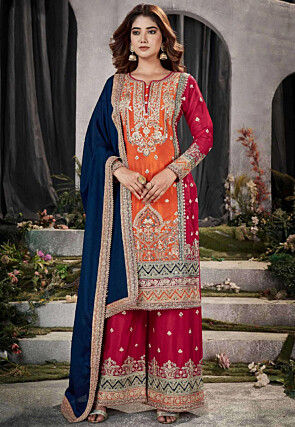 Embroidered Chinon Chiffon Pakistani Suit in Orange and Pink