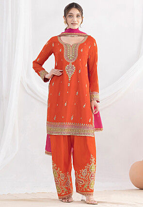 Embroidered Chinon Chiffon Pakistani Suit in Orange