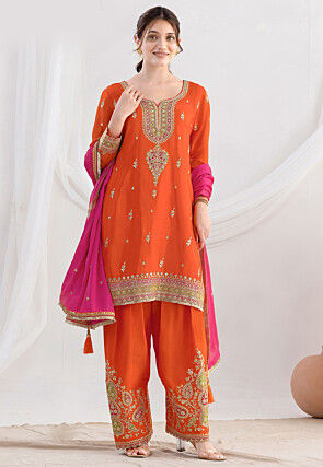Embroidered Chinon Chiffon Pakistani Suit in Orange