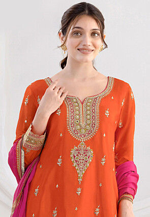 Embroidered Chinon Chiffon Pakistani Suit in Orange