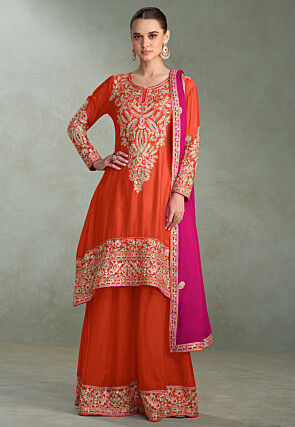 Embroidered Chinon Chiffon Pakistani Suit in Orange