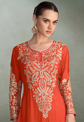 Embroidered Chinon Chiffon Pakistani Suit in Orange