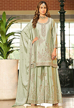 Embroidered Chinon Chiffon Pakistani Suit in Pastel Green