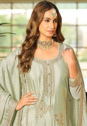 Embroidered Chinon Chiffon Pakistani Suit in Pastel Green