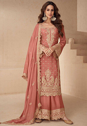 Embroidered Chinon Chiffon Pakistani Suit in Peach