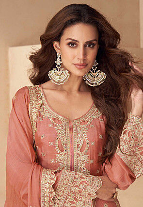 Embroidered Chinon Chiffon Pakistani Suit in Peach
