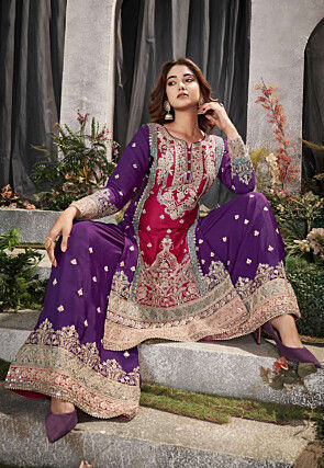 Embroidered Chinon Chiffon Pakistani Suit in Pink and Purple