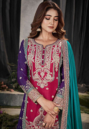 Embroidered Chinon Chiffon Pakistani Suit in Pink and Purple