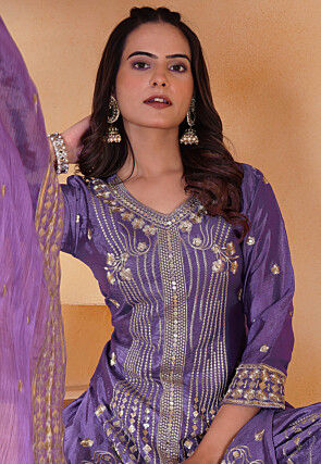 Embroidered Chinon Chiffon Pakistani Suit in Purple
