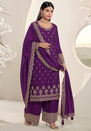 Embroidered Chinon Chiffon Pakistani Suit in Purple