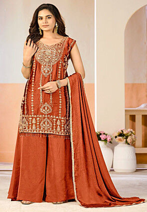 Embroidered Chinon Chiffon Pakistani Suit in Rust