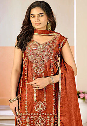 Embroidered Chinon Chiffon Pakistani Suit in Rust