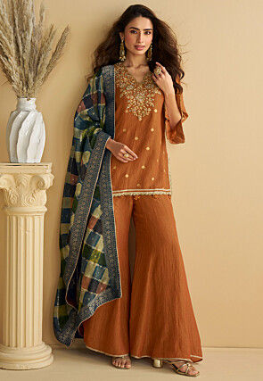 Embroidered Chinon Chiffon Pakistani Suit in Rust